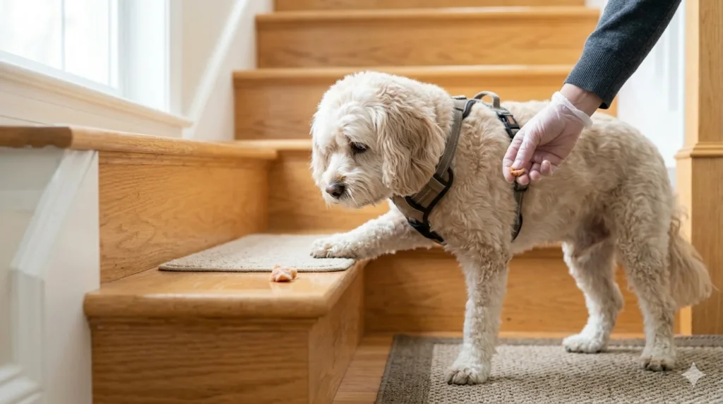A senior cream colored Cavapoo with a grey muzzle wearing a harness calmly places its front paws on the first step of a wooden staircase to receive a treat during confidence training