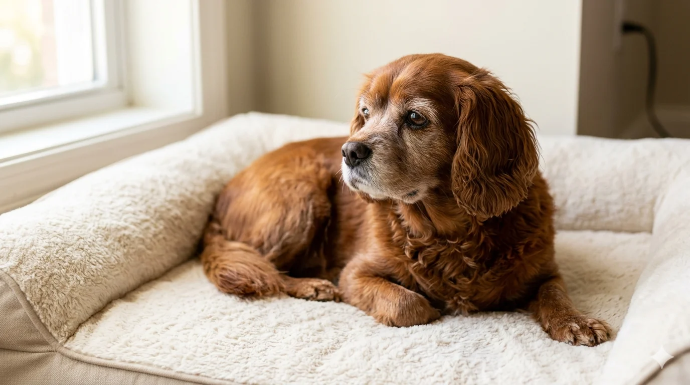 A senior ruby deep red Cavapoo with grey fur on its muzzle resting peacefully in a plush orthopedic dog bed near a sunlit window showing a quiet less active energy