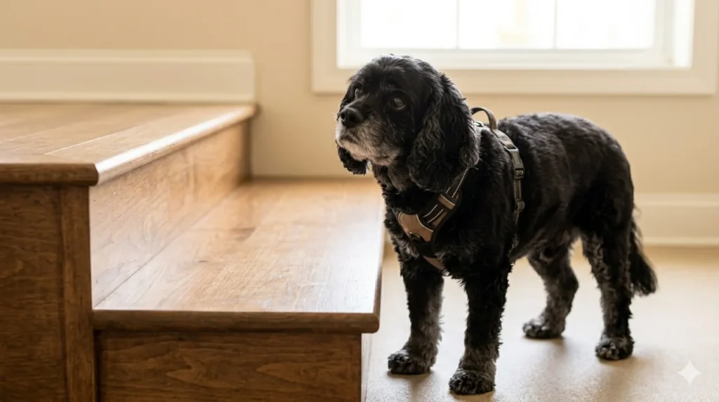 A senior solid black Cavapoo with a grey muzzle stands hesitantly at the bottom of a wide wooden step looking up and calculating the physical effort