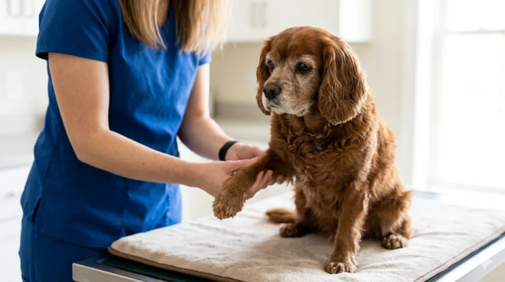 A senior solid chocolate liver Cavapoo with grey fur on its muzzle sits calmly and patiently on an examination mat while a veterinarian gently checks its front leg joint