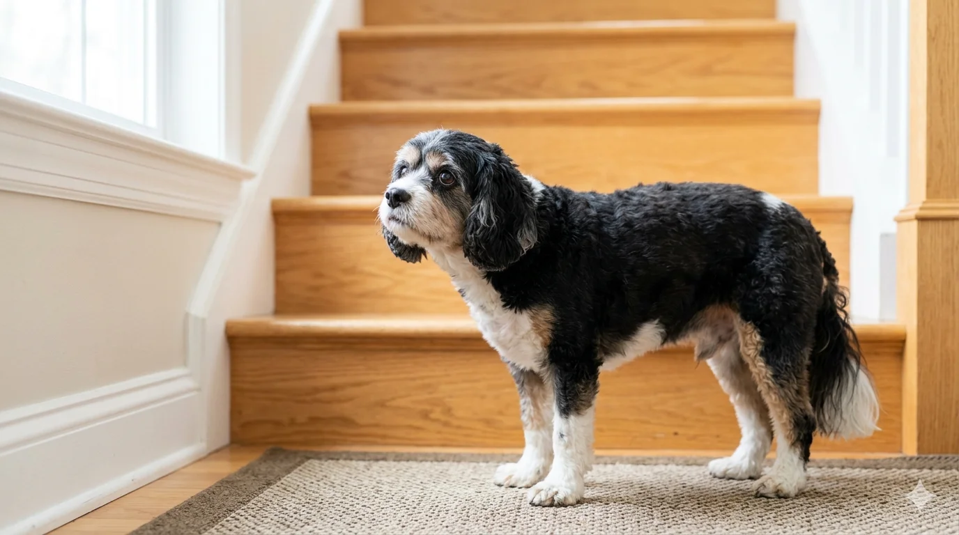 A senior tri color black white and tan Cavapoo with a gray muzzle stands hesitantly on a non slip mat at the bottom of a wooden staircase looking up with subtle concern