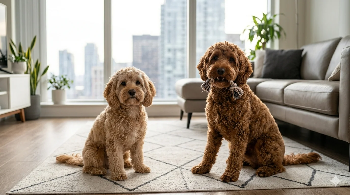 A side by side comparison of a small fluffy Cavapoo and a slightly larger Cockapoo sitting on a modern rug in a apartment living room illustrating their size and temperament differe