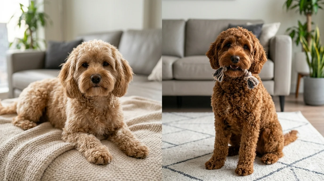 A side by side comparison photograph of a calm curly coated apricot Cavapoo resting its head on a sofa cushion next to an attentive slightly larger chocolate Cockapoo with wavy hair