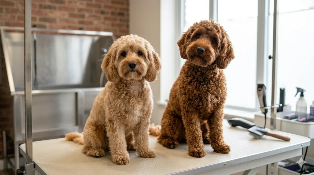 A side by side photograph of a fluffy apricot Cavapoo and a curly chocolate Cockapoo sitting on a grooming table showcasing their thick teddy bear coats and floppy ears in a professional salon