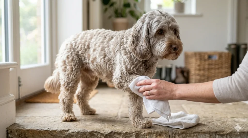 A silver grey wavy coated Cockapoo standing patiently by a doorway while an owner uses a damp cloth to wipe its paws