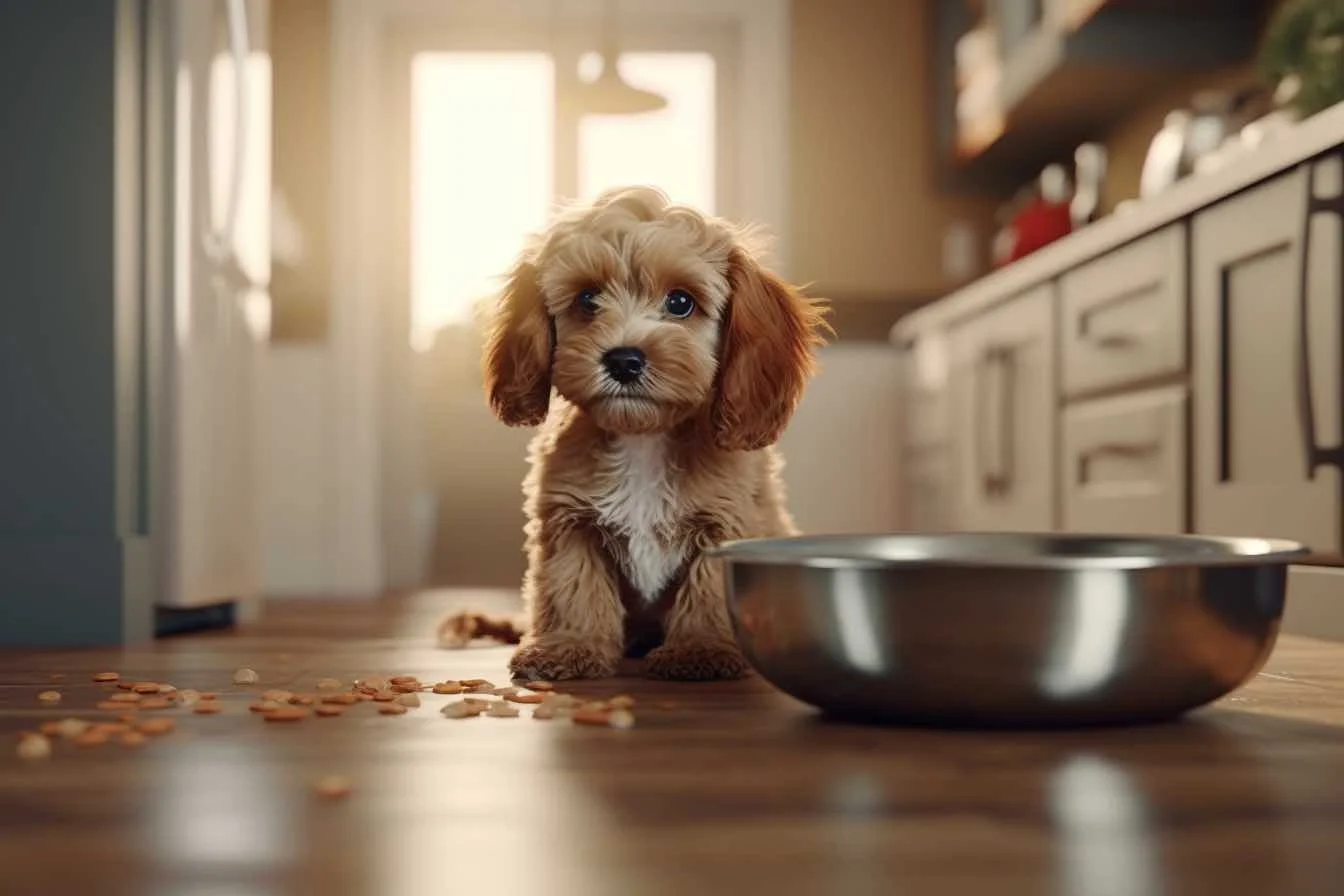 A small Cavapoo puppy sitting on a kitchen floor next to a metal food bowl with scattered kibble around it