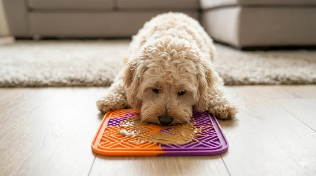 A small Maltipoo focused on a colorful silicone lick mat spread with peanut butter on a wooden apartment floor demonstrating effective indoor mental stimulation and calming activities