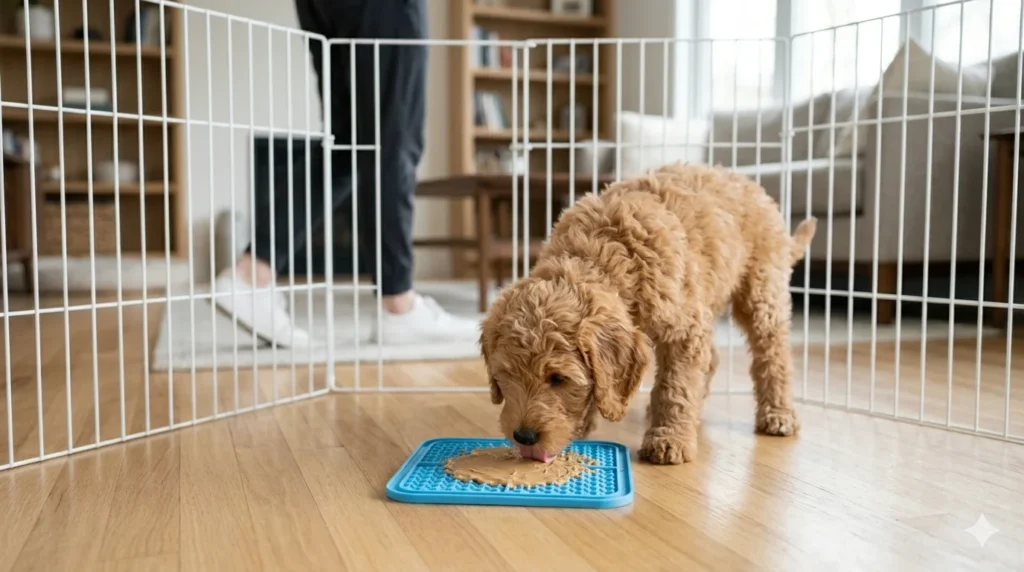 A small Maltipoo puppy licking a treat mat while the owners legs are seen walking away in the blurred background