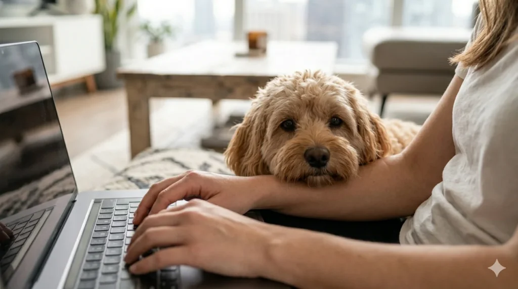 A small apricot Cavapoo lying with its chin resting on a humans forearm as they work on a laptop