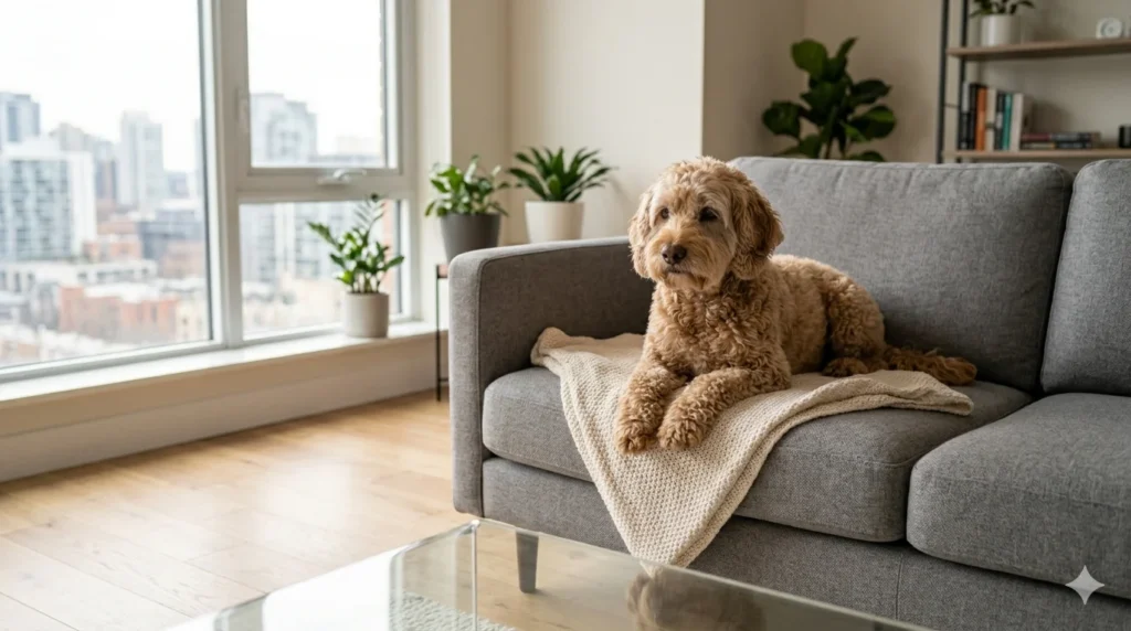 A small fluffy apricot Cavapoo sitting comfortably on a modern grey sofa in a bright stylish studio apartment with a large window in the background showing a city skyline