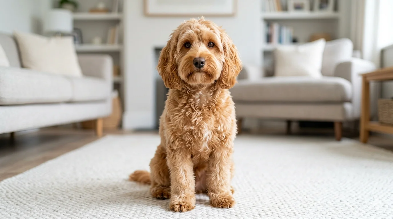 A soft apricot wavy fleece coated Cockapoo puppy sitting attentively on a light colored textured rug in a bright modern living room looking directly at the camera