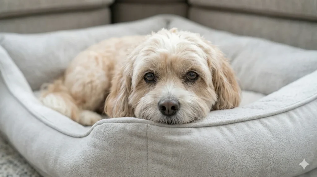 A soft focus photograph of a senior apricot Cavapoo resting comfortably and peacefully on a supportive plush orthopedic foam dog bed