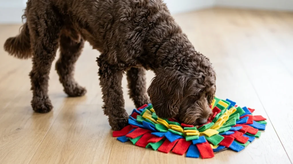 A solid chocolate wavy coated Cockapoo standing calmly and deeply engaged with a colorful snuffle mat on an apartment wood floor using its nose to search for treats for quiet mental d