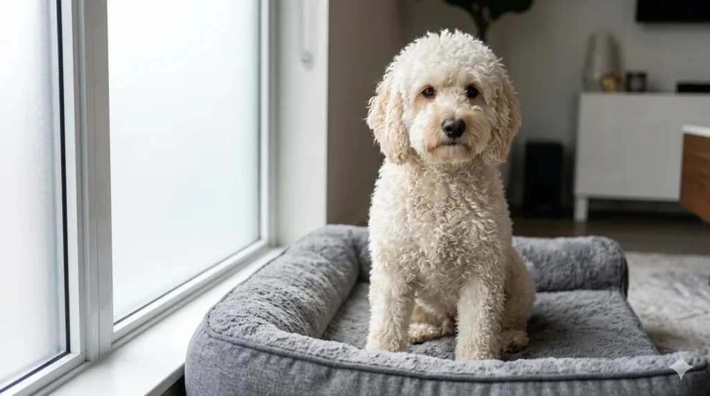 A solid cream white curly coated Cockapoo sitting calmly on a stylish grey dog bed placed near a large window treated with frosted window film demonstrating a successful apartment set