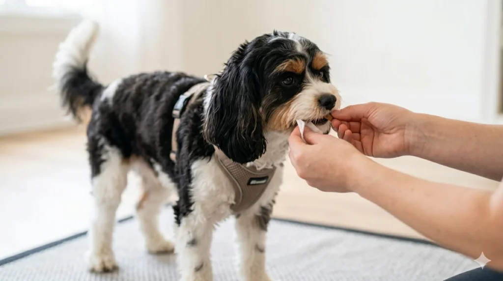 A solid tricolor straight coat Cavapoo standing on a non slip rug calmly receiving cooperative reward based dental care from its owner at home