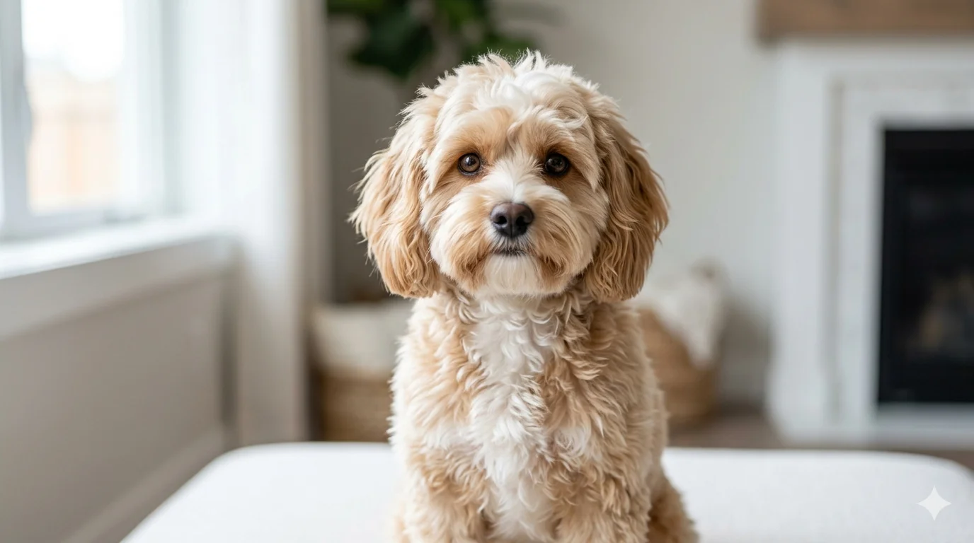 A sweet faced beige and white wavy coated Cavapoo sitting in a sunlit modern living room looking directly at the camera with a clean and fluffy teddy bear appearance
