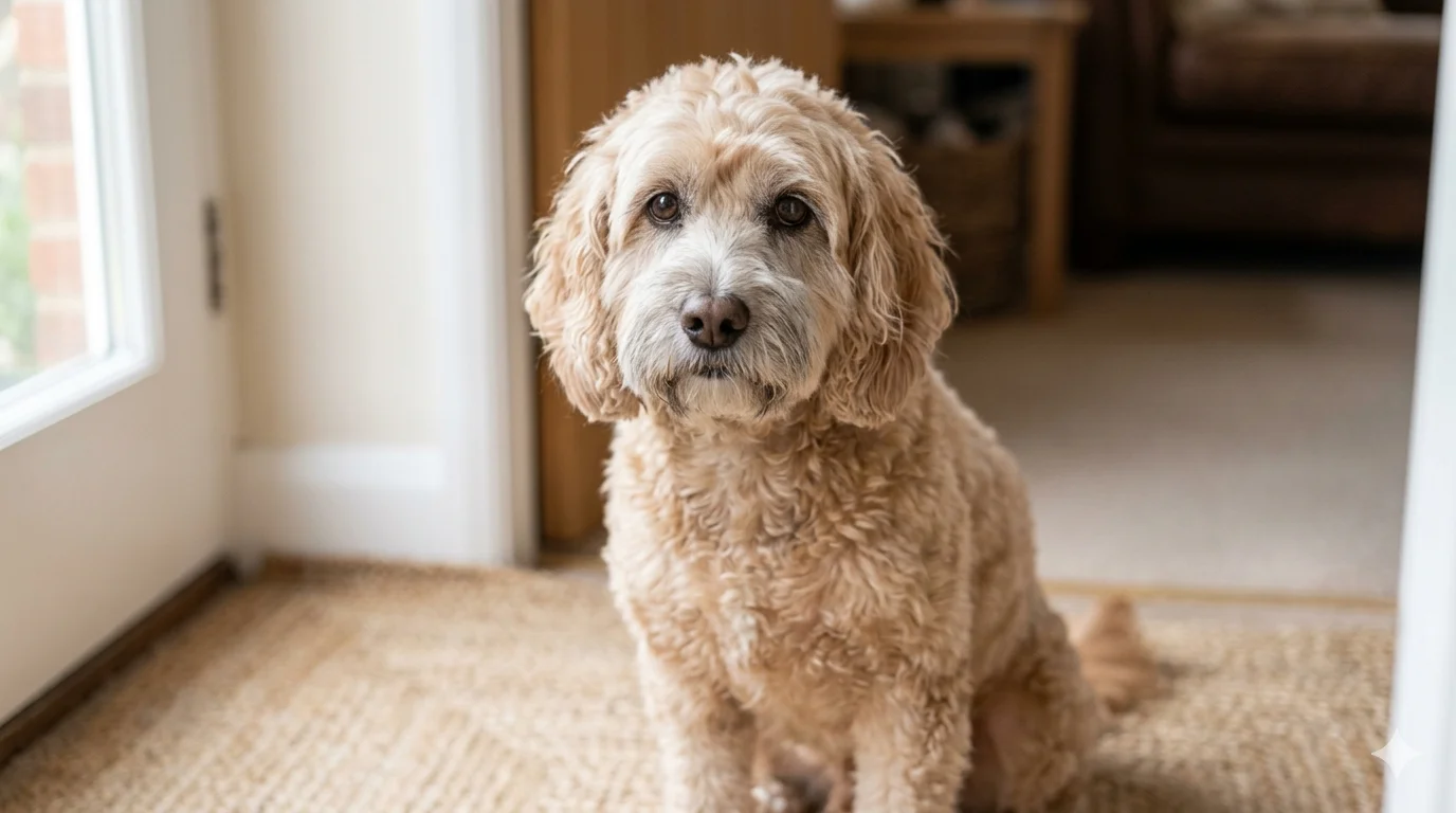 A sweet faced beige apricot Cockapoo with a wavy fleece coat sits on a rug near an internal doorway looking back over its shoulder with gentle people focused eyes in a sunlit moder