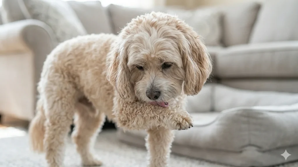 A sympathetic close up photograph of an older apricot Cavapoo in a living room focused on repeatedly licking its front wrist joint