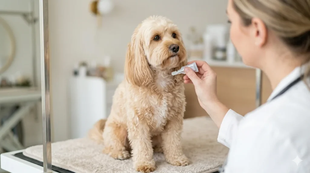 A veterinarian applying a monthly preventative treatment dropper dose to the base of the neck of a solid cream colored straight coat Cavapoo during a check up