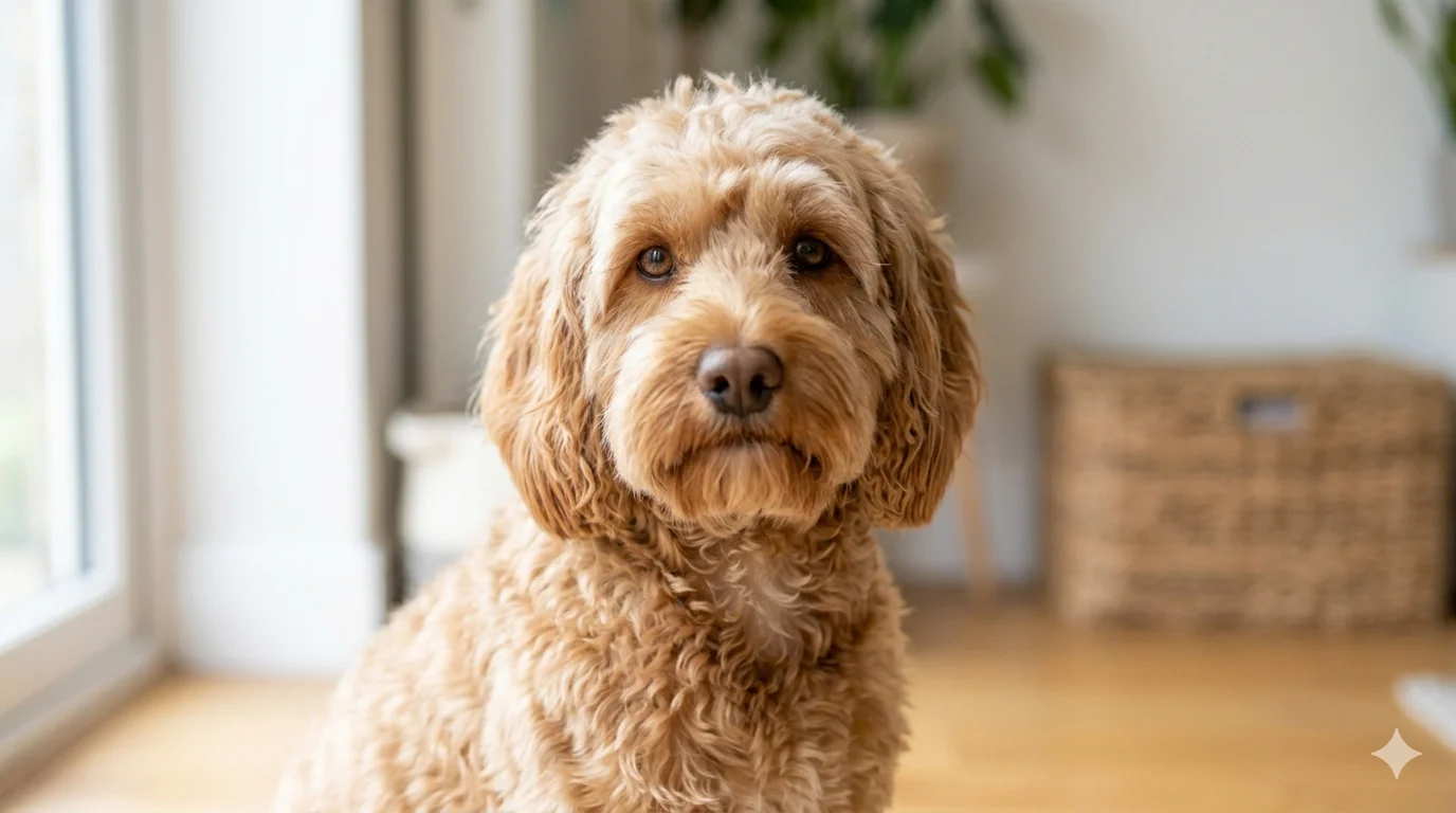 An Apricot wavy coated Cockapoo looking directly at the camera with a fluffy teddy bear facial trim