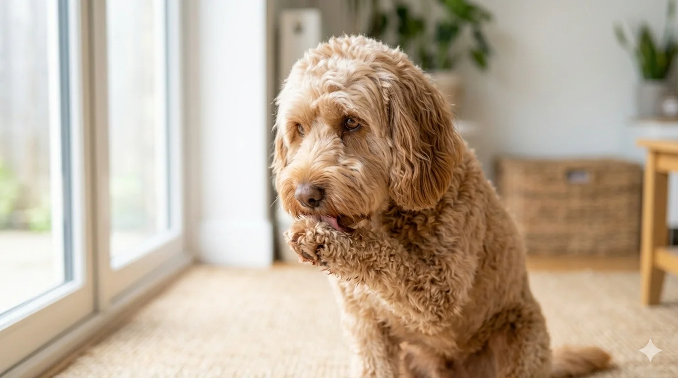 An Apricot wavy coated Cockapoo portrait looking directly at the camera with warm brown eyes and visible reddish brown saliva staining on its paw fur