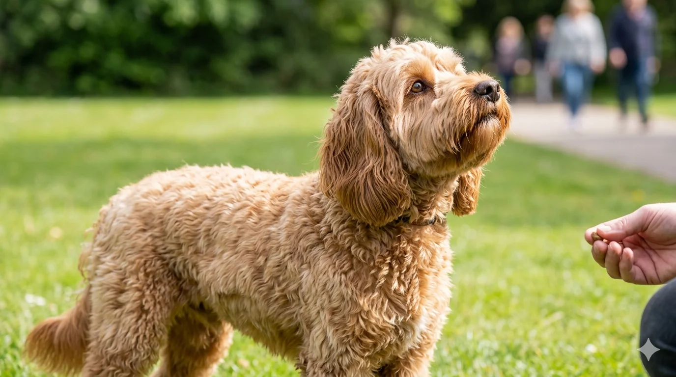 An adolescent apricot red wavy coated Cockapoo standing in a grassy park looking away defiantly toward a distant distraction illustrating the selective hearing phase common in teenage