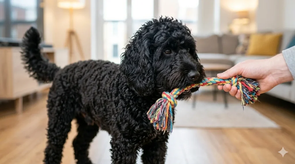 An adolescent solid black curly coated Cockapoo sitting calmly in a modern living room playing a respectful tug of war with a woven rope toy held by its owners hand