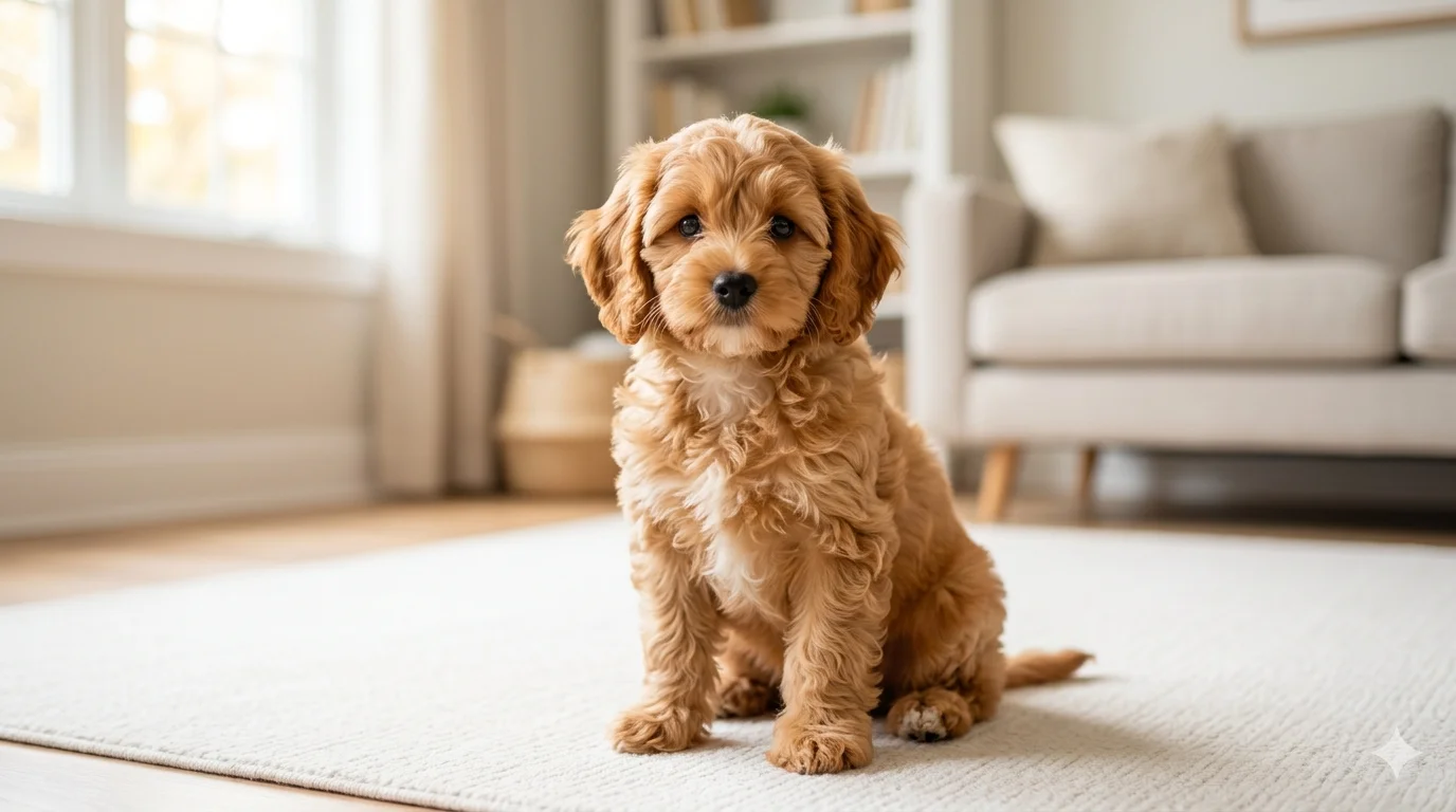 An adorable apricot wavy coated Cavapoo puppy sitting in a sun drenched modern living room representing the initial appeal of bringing a new pet home