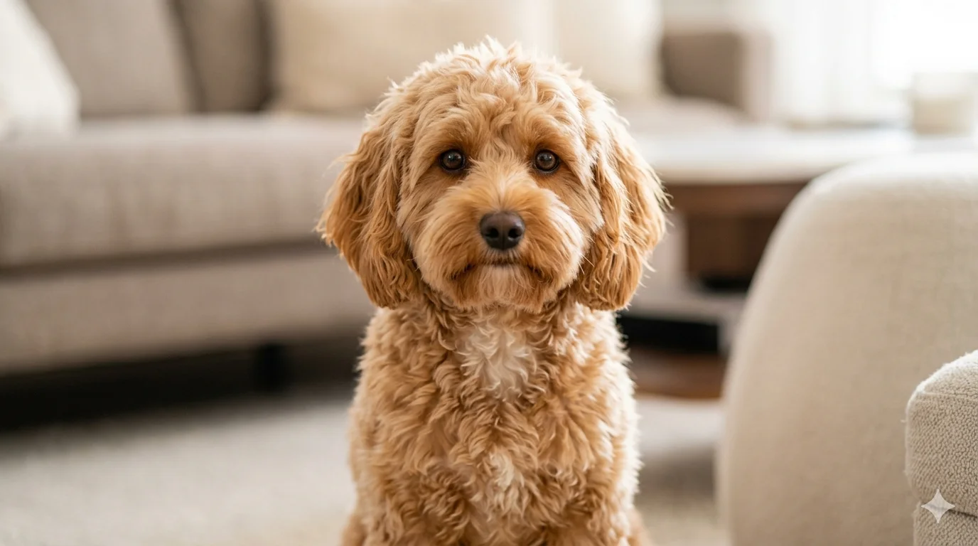 An apricot Teddy Bear wavy coat Cavapoo sitting calmly in a cozy living room looking directly at the camera