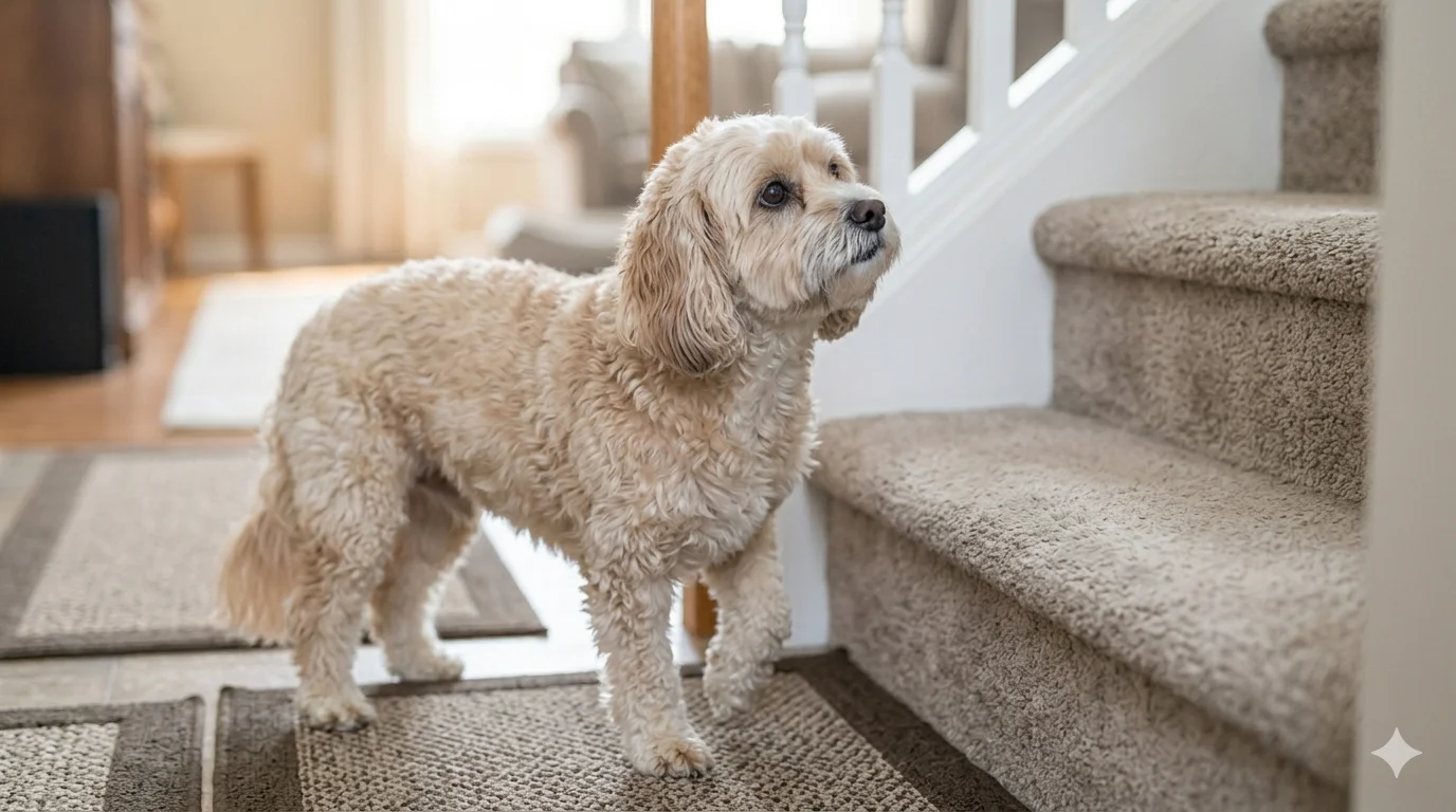 An apricot senior Cavapoo with a grey muzzle standing at the bottom of a carpeted staircase in a home looking up with subtle hesitation