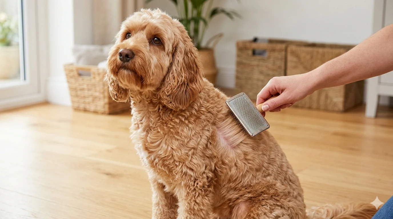 An apricot wavy coated Cockapoo sitting patiently on a wooden floor demonstrating the line brushing technique as an owner uses a slicker brush to part the hair down to the skin