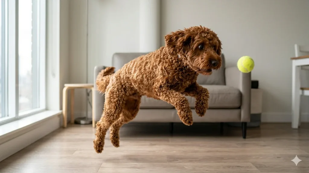 An energetic Cockapoo playing fetch in a small apartment living room emphasizing its active nature compared to a calmer Cavapoo
