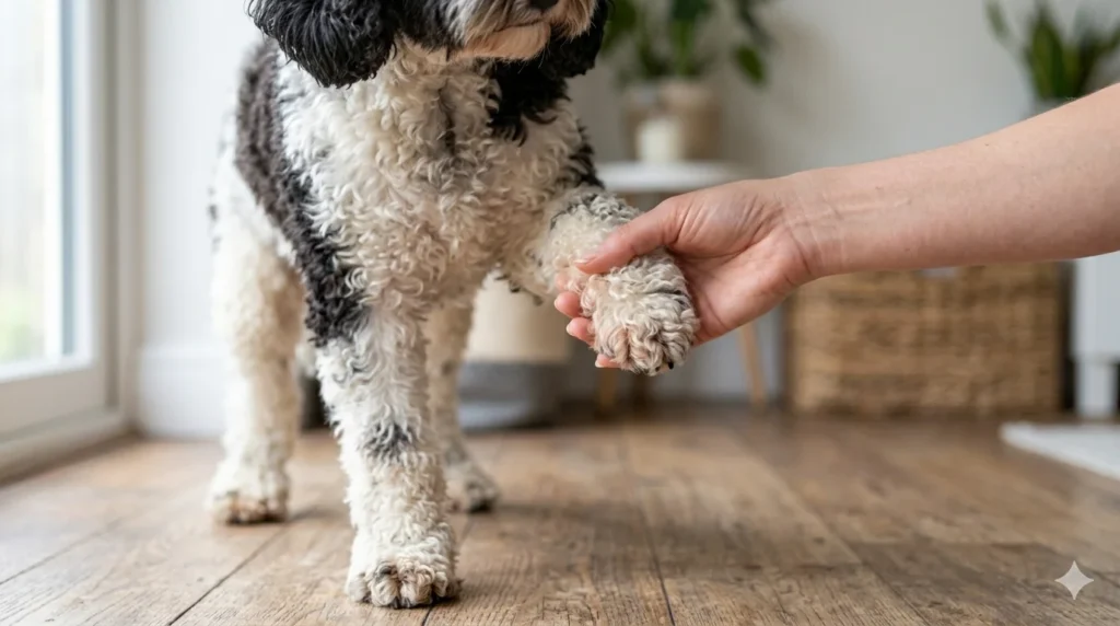 An owners hand gently holding the paw of a black and white Parti color curly Cockapoo to inspect the skin between the toes for redness or yeast staining