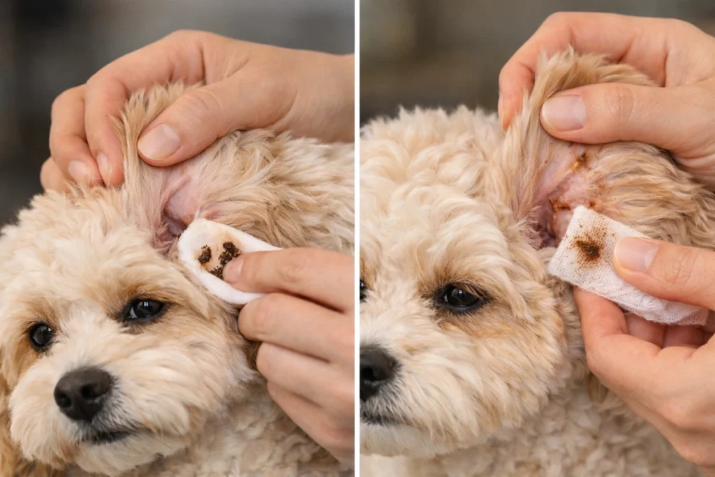 Cavapoo ear cleaning using cotton pad removing wax buildup safely