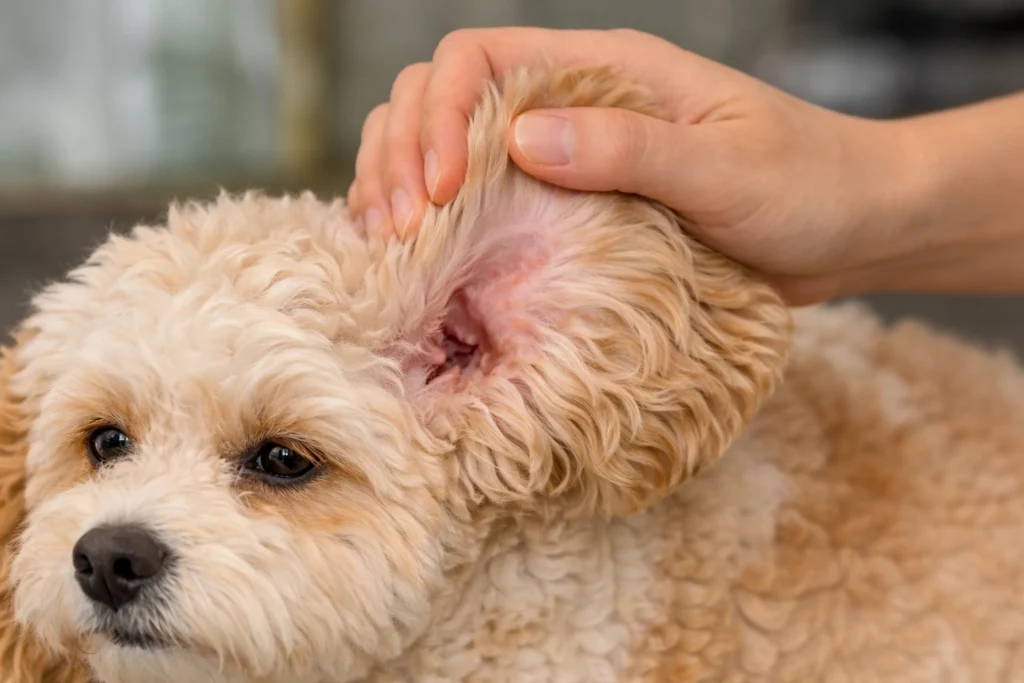 Checking Cavapoo ear for redness and irritation before cleaning routine