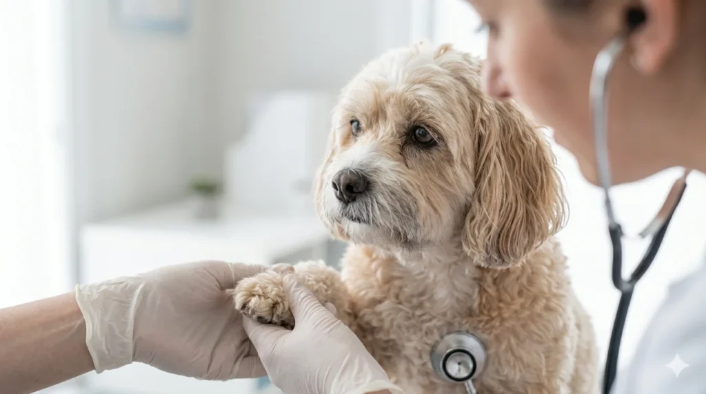 Close up of a senior Cavapoo receiving a gentle wellness check from a veterinarians gloved hand during a scheduled exam