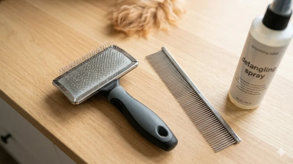 Photo of essential grooming tools for Poodle mixes including a professional metal slicker brush a stainless steel greyhound comb and a bottle of detangling spray arranged neatly on