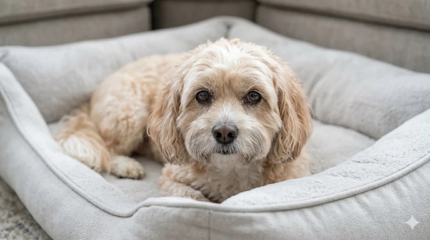 Soft photo of a mature apricot Cavapoo resting its head calmly on a supportive plush grey orthopedic dog bed in a cozy living room