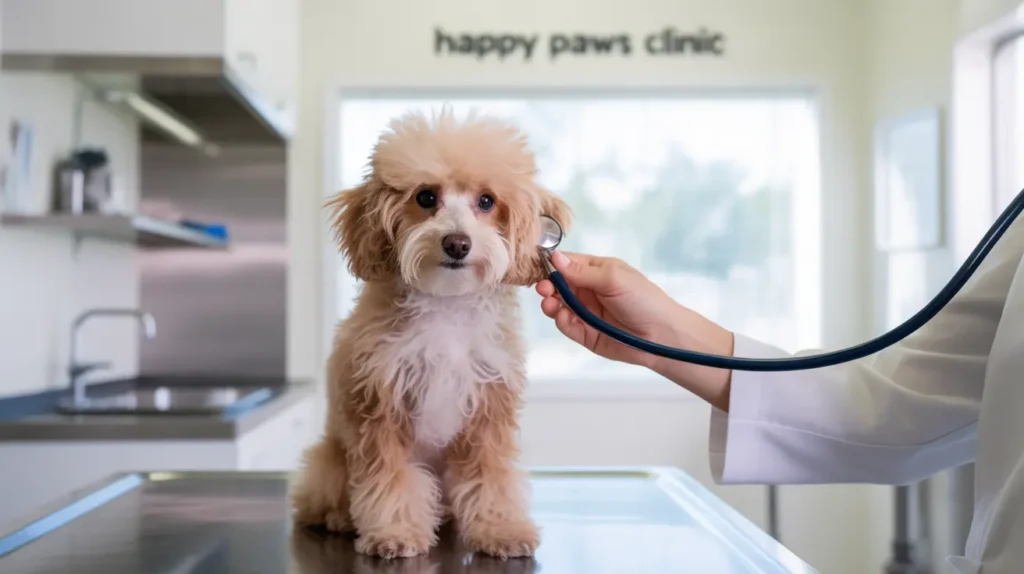 Cavapoo dog being examined by vet to rule out pain as underlying cause of sudden aggression