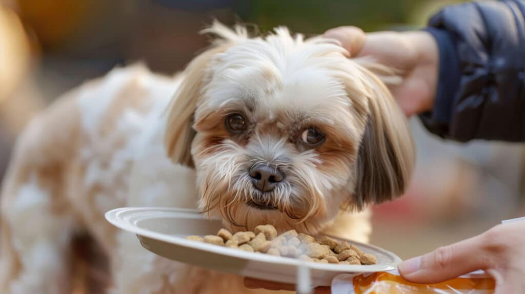 Cavapoo dog displaying resource guarding behavior over food bowl during adolescence