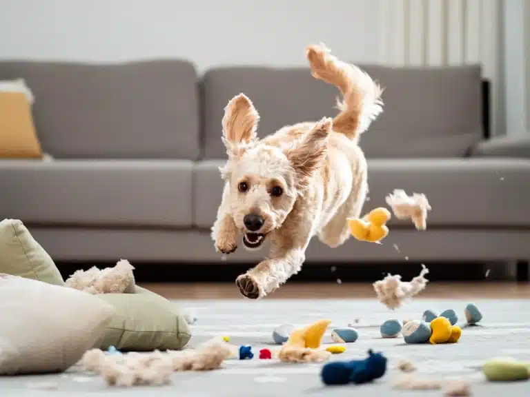 Overexcited Cavapoo dog running zoomies indoors showing hyper energy burst inside the house