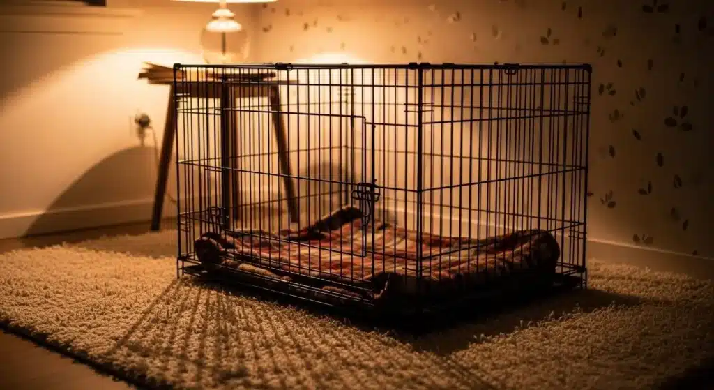 wire dog crate on rug
