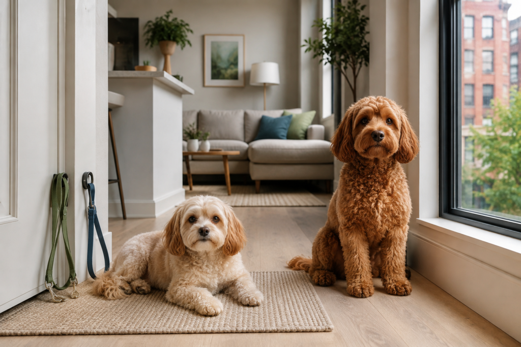 Cavapoo and Cockapoo together in an apartment