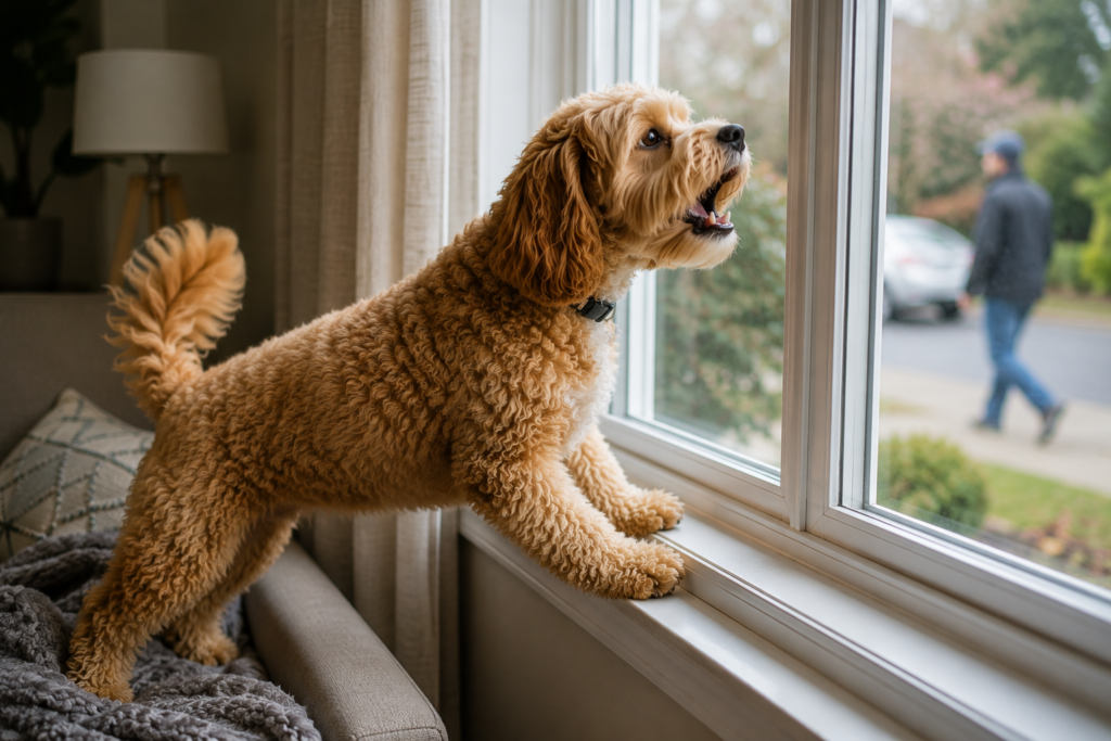 Cavapoo barking at window at strangers