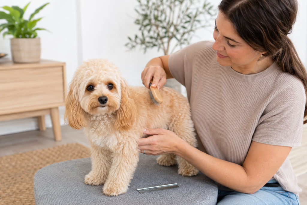 Owner brushing a small Doodle dog’s curly coat