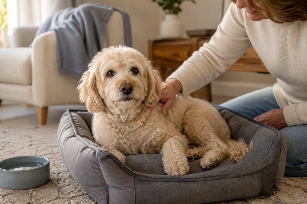 Senior small Doodle receiving gentle daily care