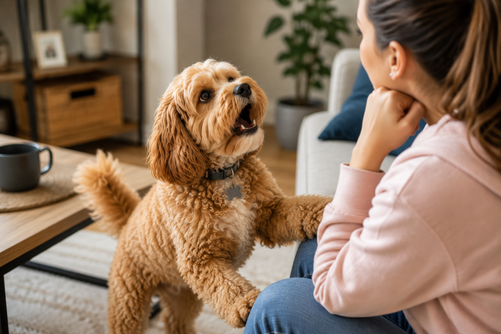 avapoo barking at owner for attention