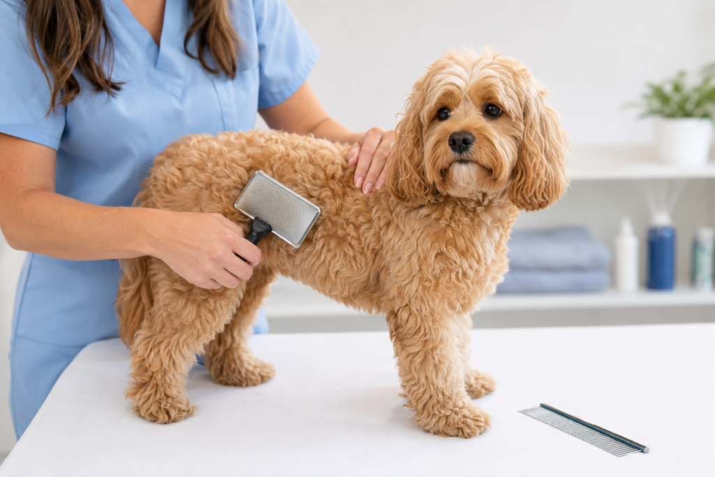 Professional groomer brushing a Cavapoo curly coat