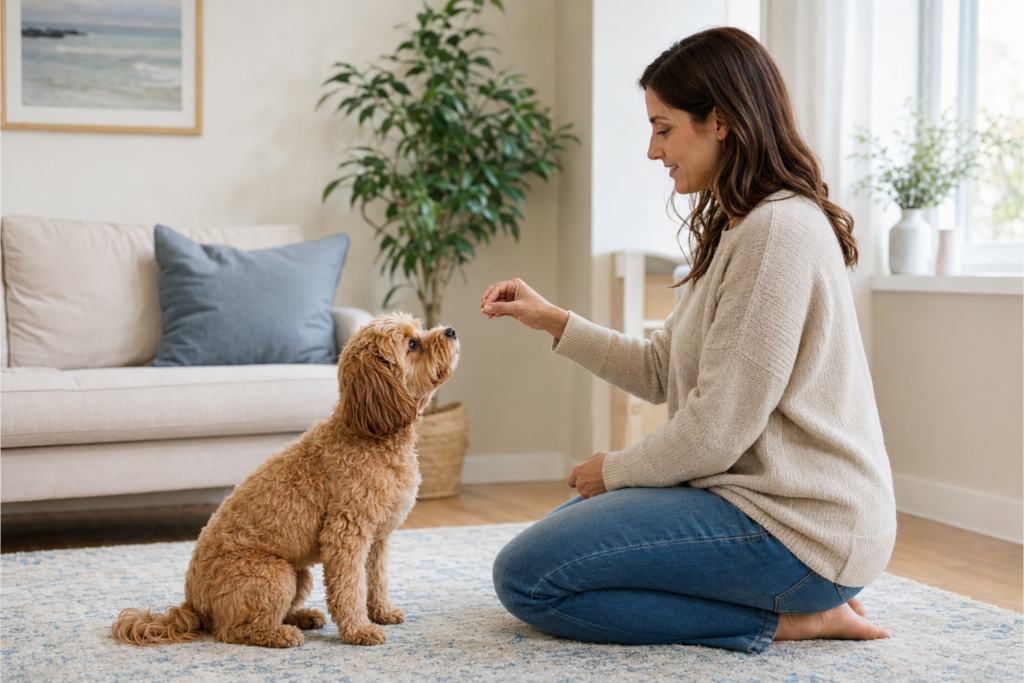 Owner using positive reinforcement to train a Cavapoo