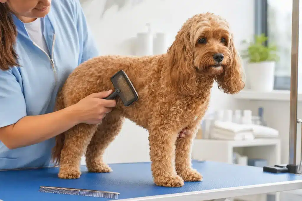 Professional groomer brushing a curly Cockapoo coat